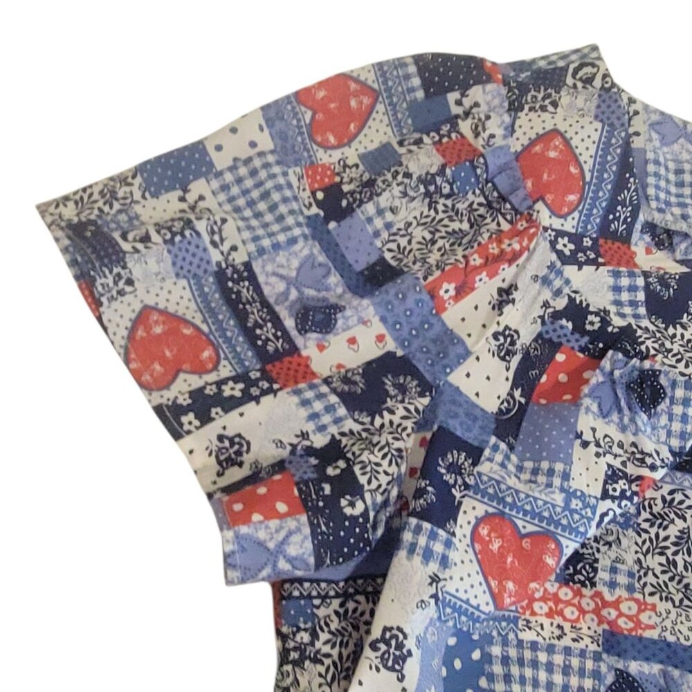 Vtg 80s Anthony Richards Patchwork House Dress Mumu L Red White Blue Heart Short - Picture 8 of 12